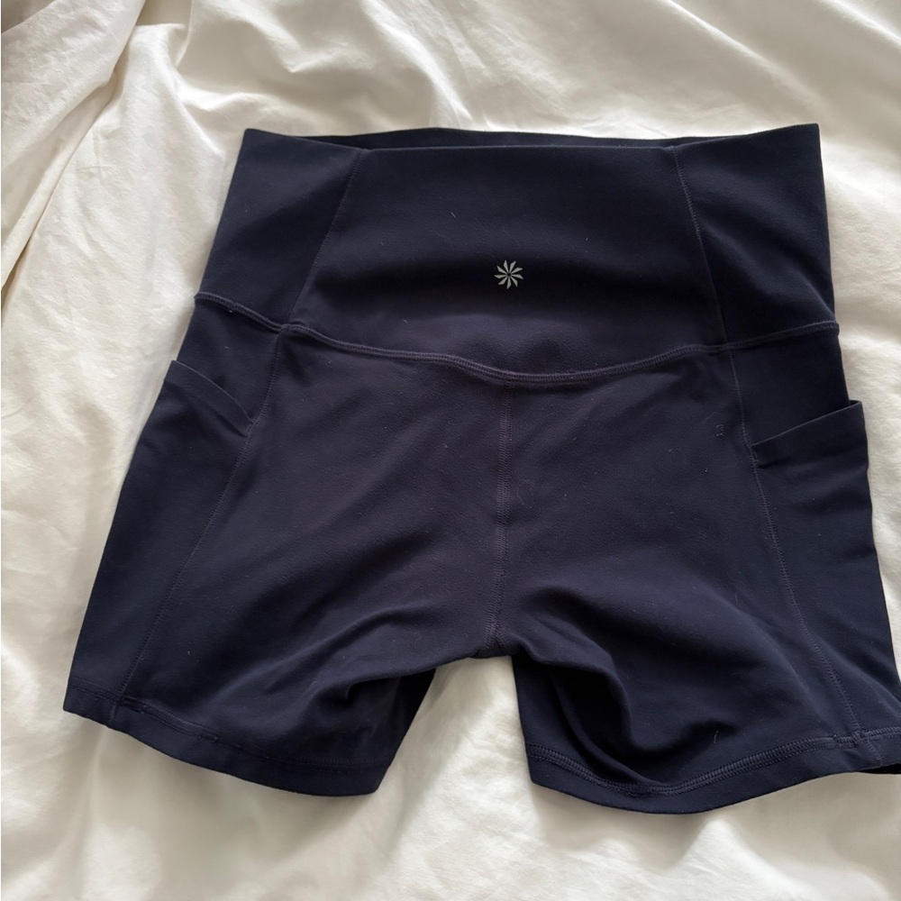 Athleta Navy Bike Shorts High Waist Salutation Stash Pocket 5”